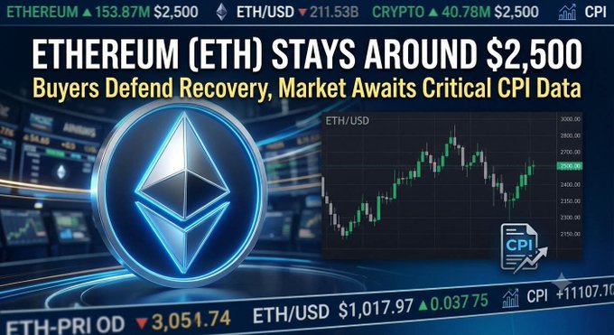 A financial news graphic showing the Ethereum logo and a candlestick chart with the headline "ETHEREUM (ETH) STAYS AROUND $2,500" and "ETH/USD" ticker data.