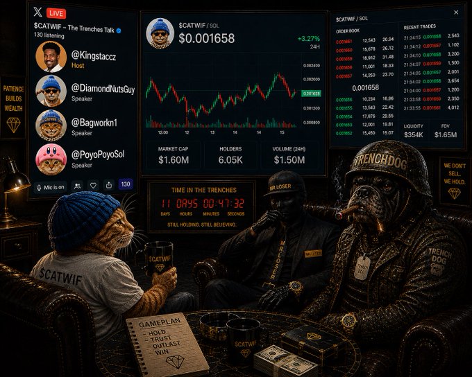 A live stream titled '$CATWIF - The Trenches Talk' features a cat in a blue beanie and shirt with '$CATWIF' text, alongside trading data showing '$CATWIF/SOL' at $0.001658, and figures labeled 'TRENCH DOG' and 'TRENCH LOSER' with signs reading 'PATIENCE BUILDS WEALTH' and 'WE DON'T SELL WE HOLD'.