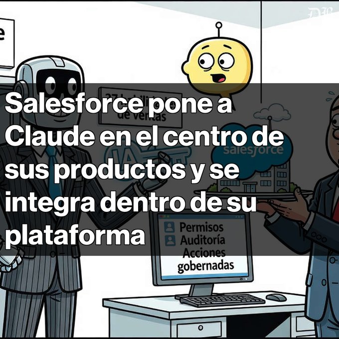 An illustrated graphic with Spanish text reading 'Salesforce pone a Claude en el centro de sus productos y se integra dentro de su plataforma' alongside Salesforce branding and a Claude AI character.