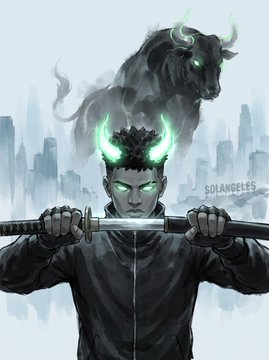 The image features a dark, stylized illustration of a young man with glowing green eyes and a bull's horns, holding a katana across his face with a shadowy bull looming behind him. The artwork is signed "SOLANGELES" and ties into the $ANSEM collection, blending menacing bovine imagery with samurai-like intensity for the "27" piece.