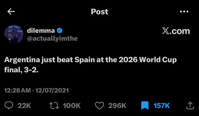 A tweet from 'dilemma' (@actuallyimthe) stating 'Argentina just beat Spain at the 2026 World Cup final, 3-2,' dated 12/07/2021, showing 22K replies, 100K retweets, and 296K likes.