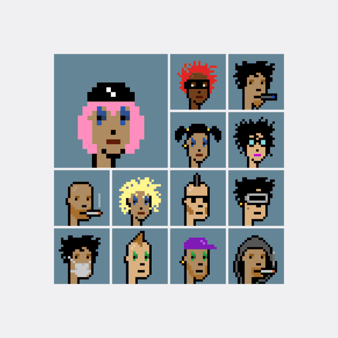 A grid of 13 pixelated CryptoPunk character portraits, with the top-left, larger portrait showing CryptoPunk #7090—a female character with a pink bob hairdo and a black hat—which was acquired for 50 ETH ($89,122) by the wallet 0x479a…e3fc.