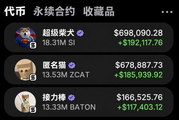 The image shows a cryptocurrency portfolio displaying three tokens with significant gains: 超级柴犬 ($SI) at $698,090.28 (+$192,117.76), 匿名猫 ($ZCAT) at $678,887.73 (+$185,939.92), and 接力棒 ($BATON) at $166,525.76 (+$117,403.12). This visualizes the poster's claim of their combined holdings exceeding $1 million, illustrating the impressive returns from their 10 SOL investment in these meme tokens to celebrate their giveaway promotion.