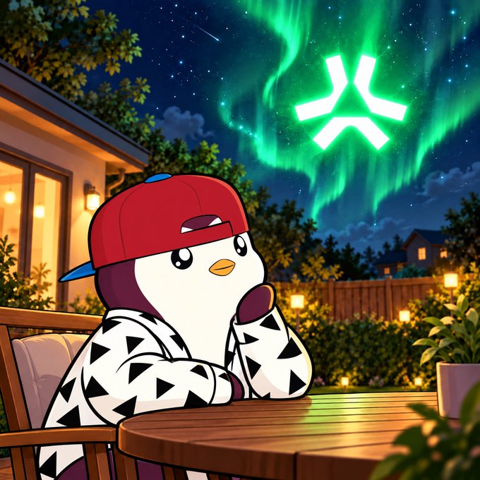 An anime-style penguin character wearing a red backward cap and a black-and-white patterned hoodie sits at an outdoor table, gazing up at a green aurora borealis with a glowing X-shaped symbol in the night sky.