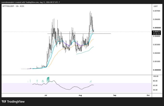 A TradingView candlestick chart of KITTY/USDT on KCEX shows a significant price spike in July followed by volatile consolidation, with current price around 0.004531 USDT.