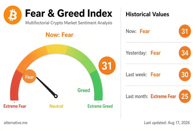 A Fear & Greed Index dashboard for cryptocurrency shows a current reading of 31 (Fear), compared to 34 yesterday, 30 last week, and 25 (Extreme Fear) last month, last updated Aug 17, 2026.