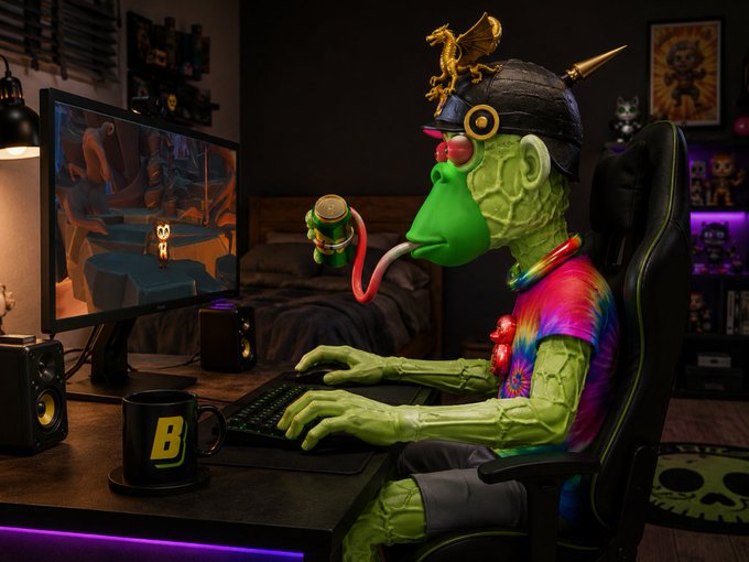 A 3D-rendered green reptilian humanoid character wearing a hat with a dragon figurine, drinking from a cup with a long tongue while gaming at a computer setup.