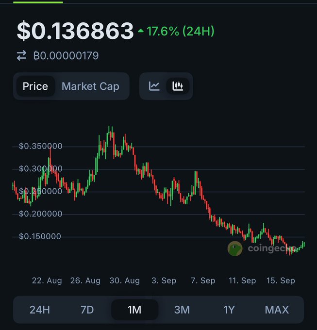 A CoinGecko-style cryptocurrency price chart showing a token at $0.136863, up 17.6% in 24H, with a 1-month candlestick trend declining from roughly $0.35 to $0.13.