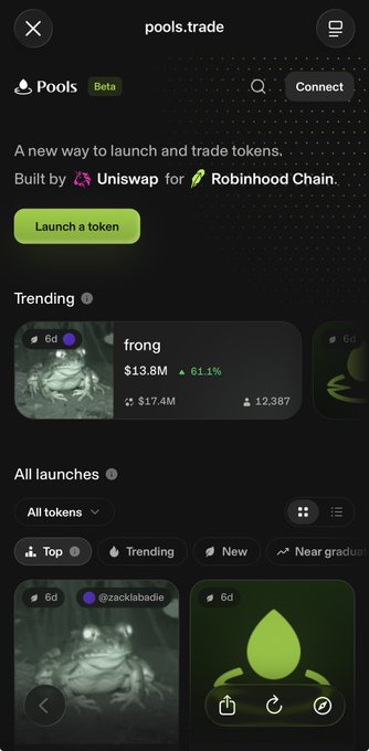 Screenshot of the pools.trade launchpad interface on Robinhood Chain, featuring a "Launch a token" button, a trending token "frong" up 61.1% at $13.8M market cap, and tabs for All launches filtering by Top, Trending, New, and Near graduation.