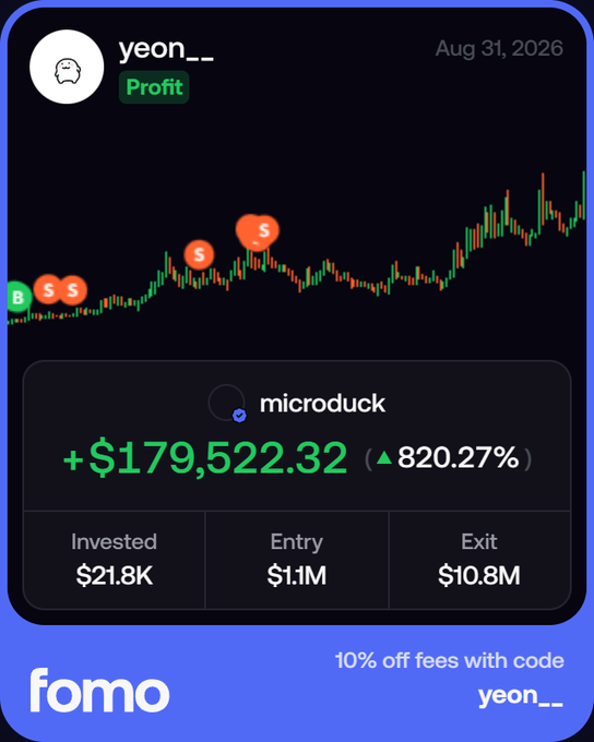 A trade card from user "yeon_._" dated Aug 31, 2026 shows a profitable trade on "microduck" with a gain of +$179,522.32 (▲820.27%), with $21.8K invested, $1.1M entry, and $10.8M exit. The accompanying post reflects on the trade with mixed feelings, noting that despite a strong 820% return, Microduck underperformed compared to PONS, suggesting the trader would make similar decisions again even with lingering disappointment over the upside.