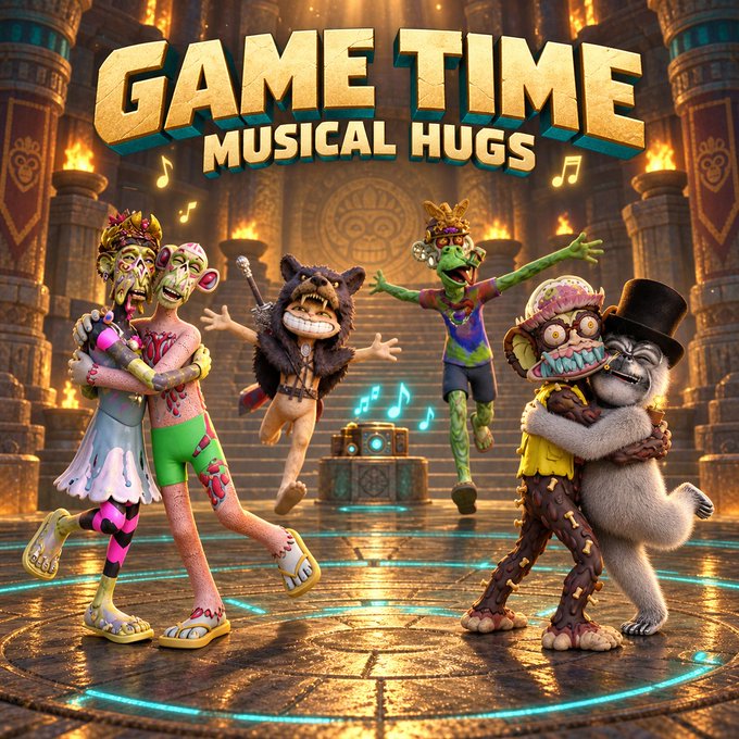 A promotional graphic titled 'GAME TIME MUSICAL HUGS' featuring five colorful, quirky 3D characters dancing and embracing in an ancient temple setting.
