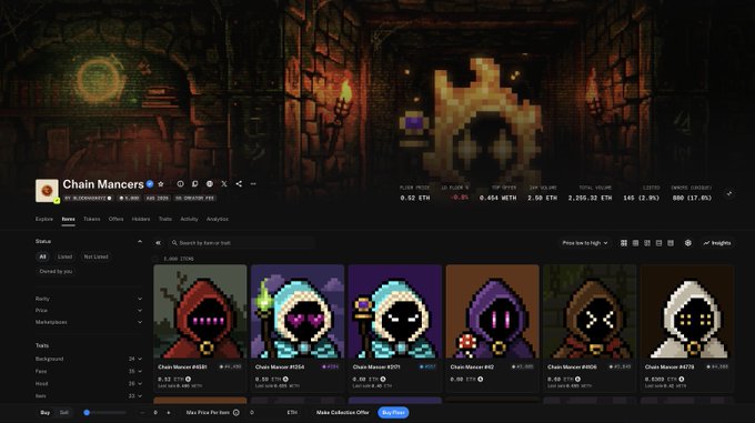 A screenshot of the Chain Mancers NFT collection on OpenSea shows a floor price of 0.52 ETH and total volume of 2,290.22 ETH across 10,000 items, with listed Mancer #5511 at 1.545 ETH alongside other pixel-art hooded characters. The image visually supports the tweet's claim of strong staking returns by displaying the collection's active marketplace metrics and vibrant community of pixel-art PFPs.