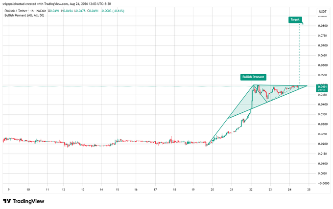 A TradingView chart of Polkadot/Tether (PeLink) showing a bullish pennant pattern with a target marked near $0.0788 on the 1-hour timeframe.