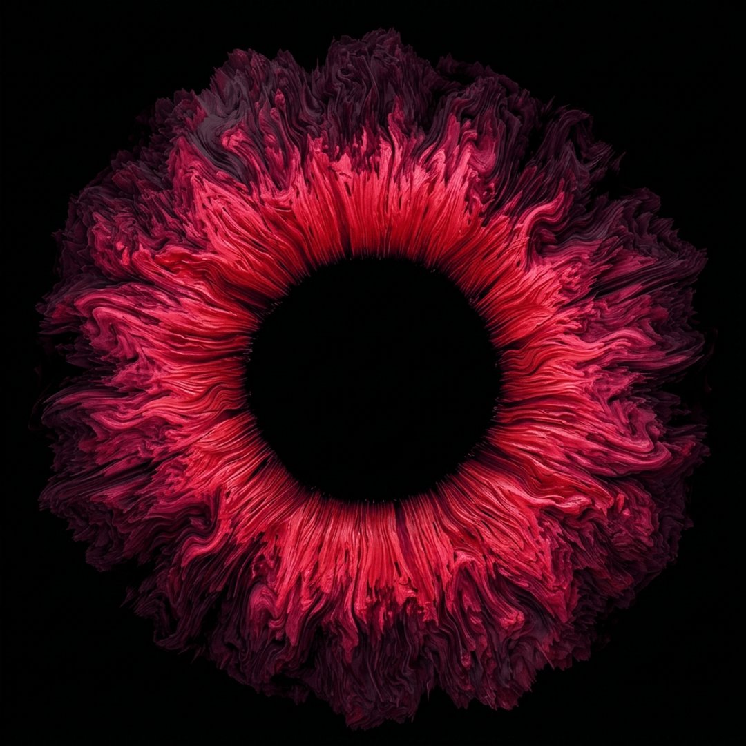 The image features a large, colorful, abstract painting of an eye with red and purple hues. The eye appears to be made up of many small circles or lines, giving it a unique and artistic appearance. The background of the image is black, which contrasts with the vibrant colors of the eye. The caption provided suggests that this artwork may not be suitable for everyone due to its abstract nature and potentially offensive content. However, it does offer an interesting visual experience for those who appreciate unconventional art forms or are intrigued by the concept behind the painting.