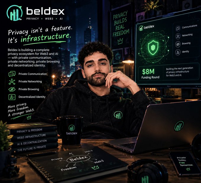 A promotional graphic for "beldex" featuring a bearded man at a desk with a laptop, advertising their "$8M Funding Round" and the message "Privacy isn't a feature. It's infrastructure."