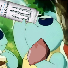 A cartoon character drinks from a 'COUNTRY TIME' pink lemonade can while holding a large stone in a green outdoor setting.