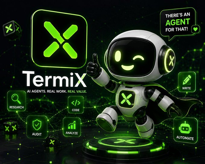 A promotional image for 'TermiX' features a friendly robot mascot saying 'THERE'S AN AGENT FOR THAT!' surrounded by icons for Research, Code, Audit, Analyze, Write, and Automate capabilities.
