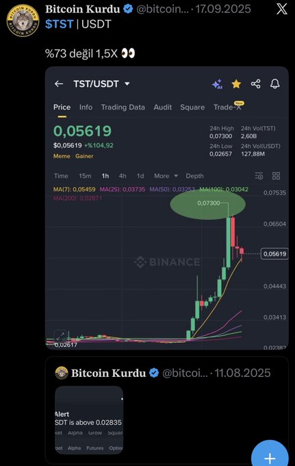 A Binance chart showing TST/USDT surging approximately 104% to $0.05619 (from a low of $0.02657 to a high of $0.07300), tagged as a "Meme Gainer," with an earlier alert screenshot showing $TST was flagged when above $0.02835—validating the caller's claim that they had previously identified the token before its major pump.