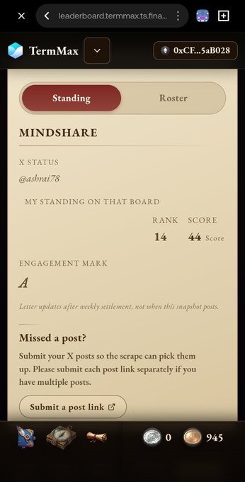 A mobile screenshot of the TermMax app displays a 'MINDSHARE' standing for '@asbnat78', showing a rank of 14, a score of 44, and an engagement mark of 'A'.