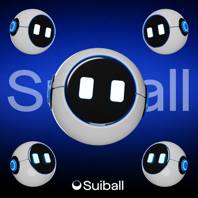 A promotional graphic for 'Suiball' showing a large central white robot face with blue accents surrounded by four smaller versions of the same robot against a blue background.