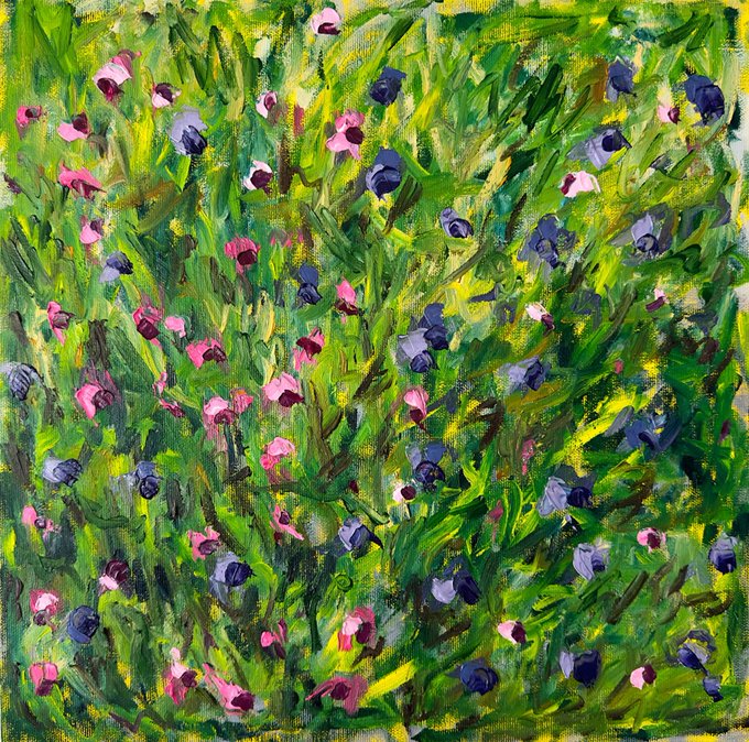 An impressionist-style painting depicts a field of green grass with scattered pink, magenta, and dark blue-purple flowers rendered in thick brushstrokes.