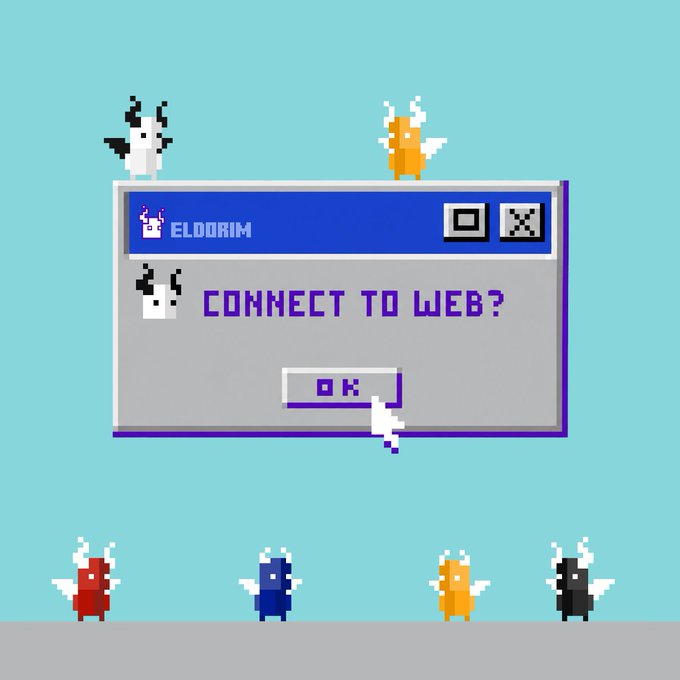 A retro pixel-art style window prompt reading 'ELDORIM' asks 'CONNECT TO WEB?' with an 'OK' button, surrounded by small horned pixel characters in various colors.