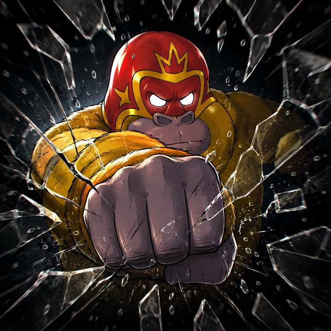 A powerful, luchador-style character wearing a red mask and yellow star mask bursts through shattered glass with a clenched fist, conveying explosive force. The dynamic, breaking-glass imagery visually reinforces the "SMASH THE CYCLE." message by symbolizing breaking through obstacles and old patterns.