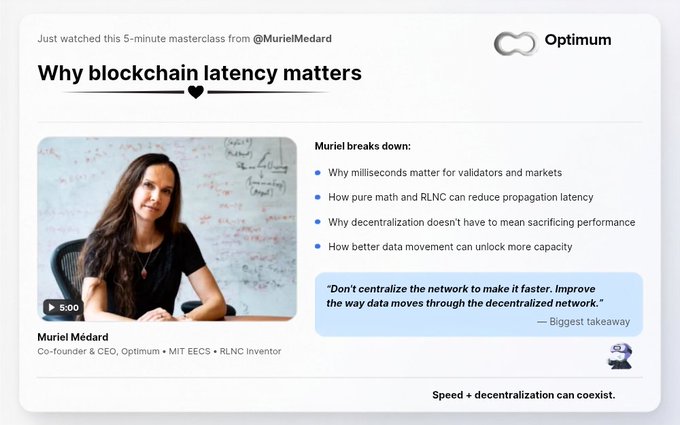 A promotional graphic titled 'Why blockchain latency matters' featuring Muriel Medard, Co-founder & CEO of Optimum and MIT EECS + RLNC Inventor, with bullet points explaining the importance of milliseconds for validators and markets.