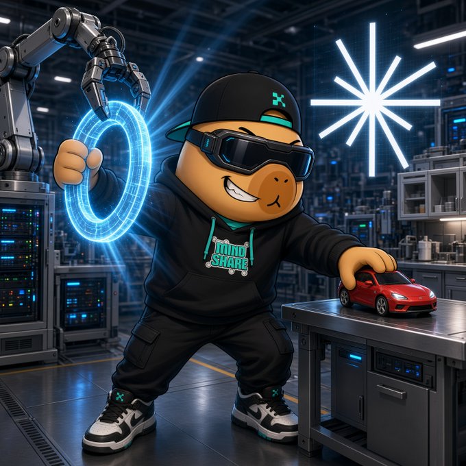 A 3D cartoon illustration of a monkey character wearing a black cap, sunglasses, and hoodie, holding a glowing blue ring while touching a red Tesla toy car in a futuristic lab setting.