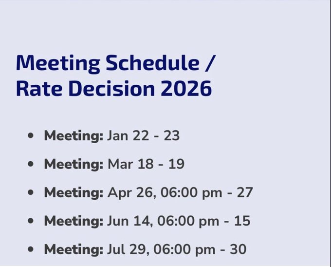 The image displays an advertisement for a meeting schedule, featuring information about upcoming meetings at different times. The most recent meeting is scheduled to take place from January 22nd through March 18th at 6:00 PM and will also be broadcasted on January 23rd, February 18th at 6:00 AM, and on March 17th at 6:00 PM. The post provides details of these meetings and includes text about a rate decision made in the USA (June 14-15), Japan's economic issues, Iran's threats to the Strait of Hormuz, the new Fed Chair, and manipulation of the XRP price down this week.