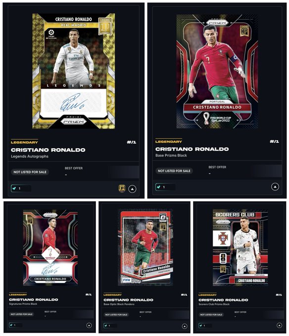 A digital interface displays five 'LEGENDARY' Cristiano Ronaldo trading cards from the Prizm set, including variants like 'Real Madrid', 'Base Prizm Black', and 'Scorers Club', all marked 'NOT LISTED FOR SALE'.