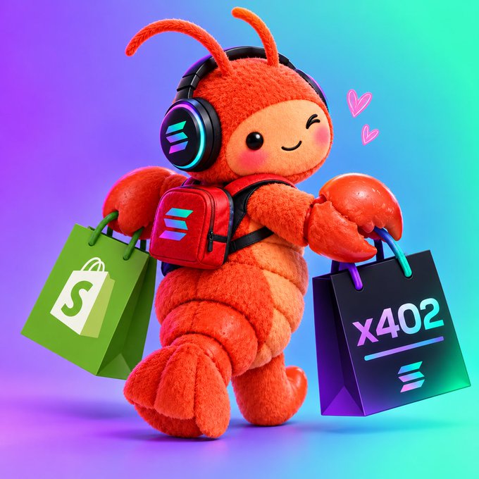 A 3D-rendered red lobster character wearing headphones and a Solana-branded backpack, holding Shopify and Solana shopping bags with 'x402' displayed on one.