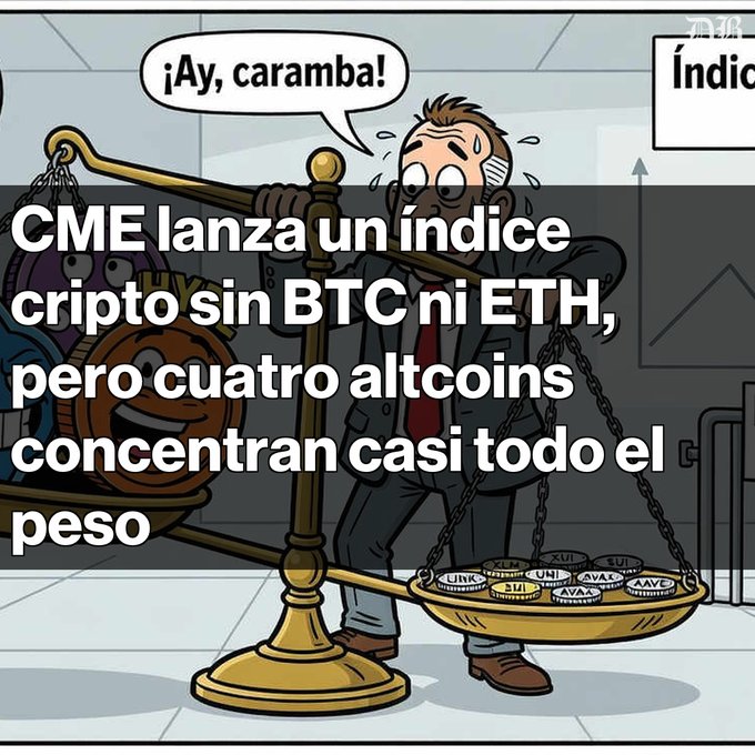 A cartoon illustration of a man sweating nervously on a balance scale, with a heavy side containing a coin labeled "LINK" and a lighter side with other coins like "UNI", "AVAX", and "AAVE"; the Spanish text reads "CME lanza un índice cripto sin BTC ni ETH, pero cuatro altcoins concentran casi todo el peso".
