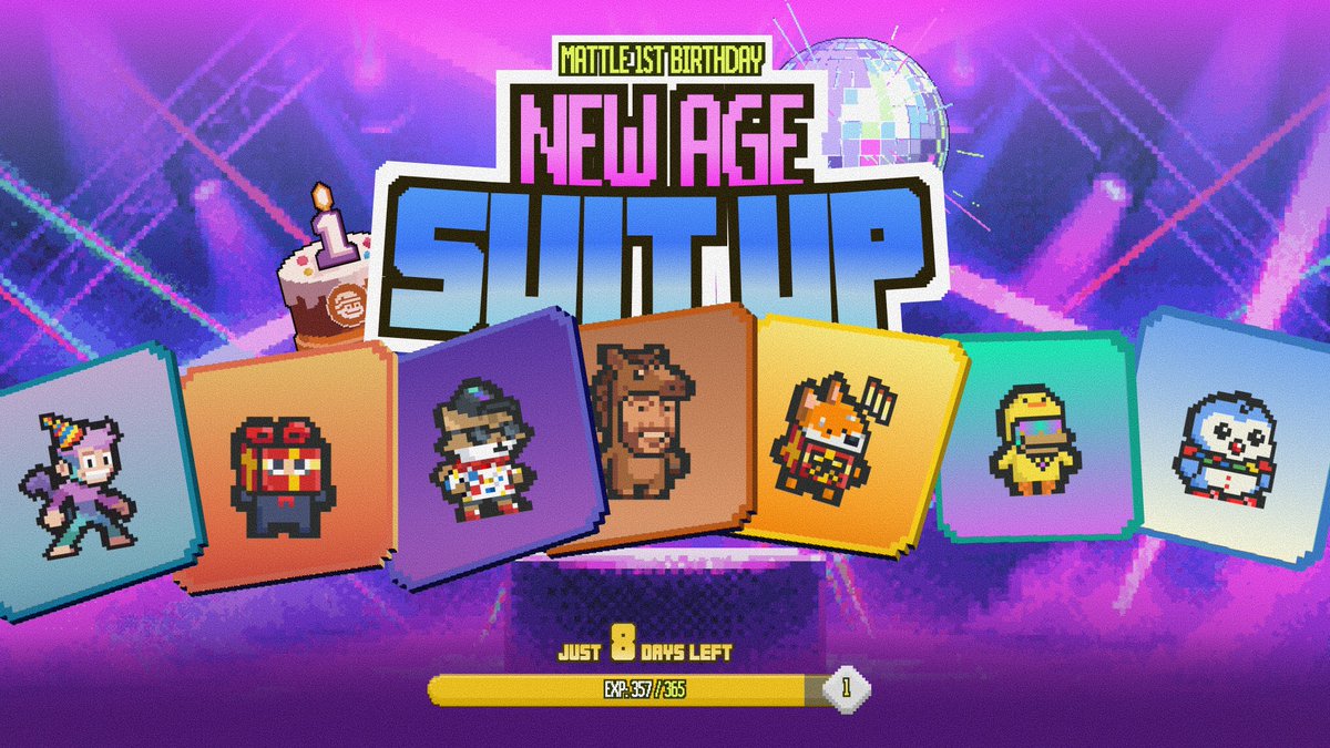 A promotional graphic for "Matt's 1st Birthday New Age Startup" featuring pixel-art character cards and a birthday cake, with text reading "Just 8 Days Left" and "EXP: 357/365" alongside a progress bar. The image aligns with the giveaway post, serving as the "leaked" asset that participants must identify correctly to win 0.1 SOL and 100 Medals.