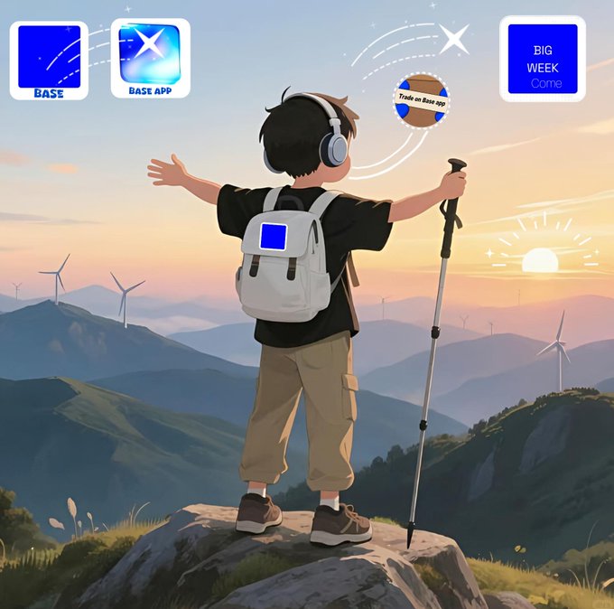 The image features a young boy standing on top of a rock with his arms outstretched towards the sky. He has headphones on and appears to be enjoying the view or listening to music while he looks out over the landscape below him. The background includes mountains, suggesting that they are in a mountainous region. There is also an app icon visible in the image, which could possibly represent a social media platform or a mobile game.