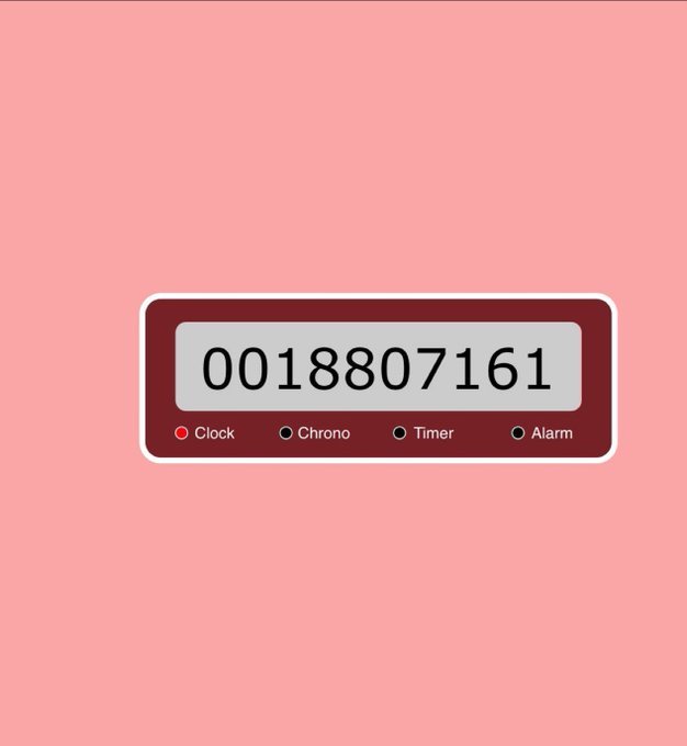 A digital clock displays the number "0018807161" on a maroon interface with four mode options (Clock, Chrono, Timer, Alarm), where only "Clock" is highlighted in red, illustrating the "Block Clock" concept where Ethereum block numbers—rather than traditional time units—serve as the measure of time across all four functions.