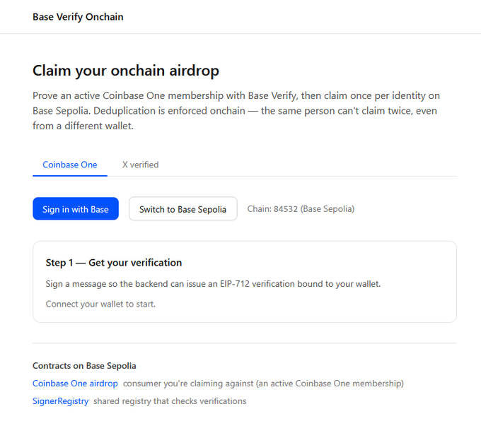 A webpage titled 'Base Verify Onchain' with the heading 'Claim your onchain airdrop' features 'Sign in with Base' and 'Switch to Base Sepolia' buttons.