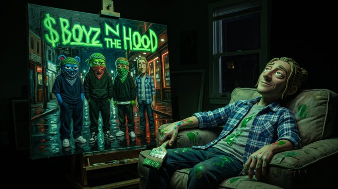 A 3D animated scene of a man lounging in a chair, splattered with green paint, watching a TV screen displaying four figures and the text '$Boyz N The Hood'.