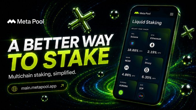 The image features a cell phone with an advertisement for Meta Pool's liquid staking service, which allows users to stake their assets across multiple chains without ever needing to lock them into one specific chain. The phone displays various options related to liquid staking, such as "liquid staking", "liquid staking on all chains", and "liquid staking on mainchain".