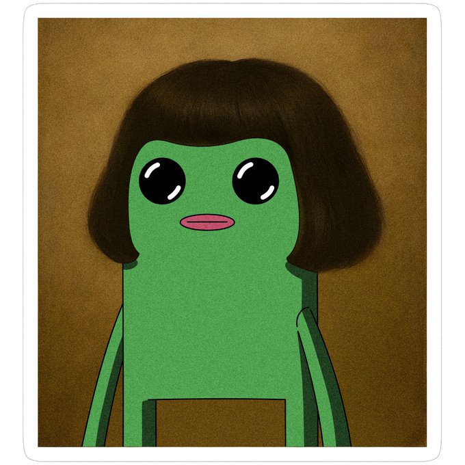 An illustration of a green, blocky alien-like character with large black eyes and pink lips, sporting a brown bob-style hairdo.
