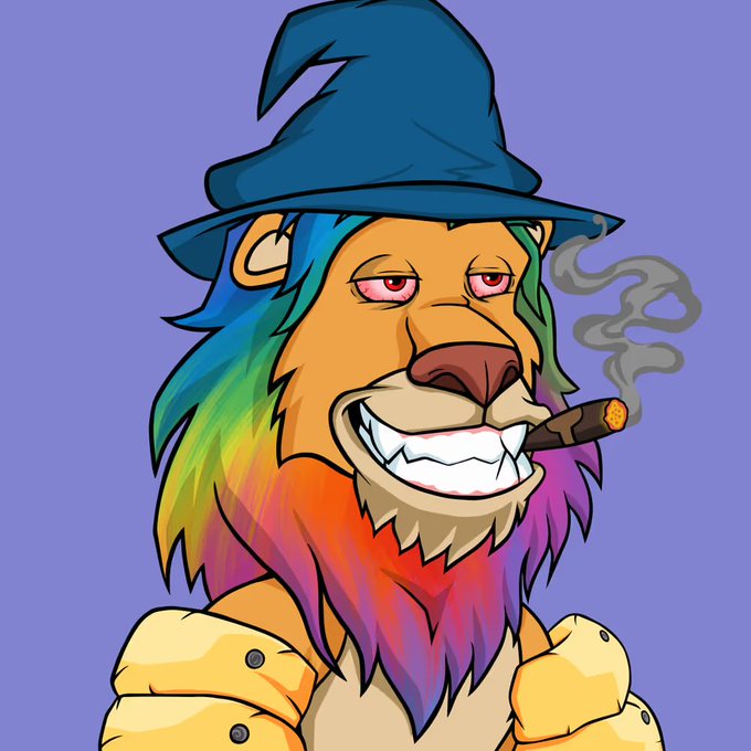 A cartoon-style lion with a rainbow mane and a blue witch hat smirks while smoking a cigar against a solid light purple background.