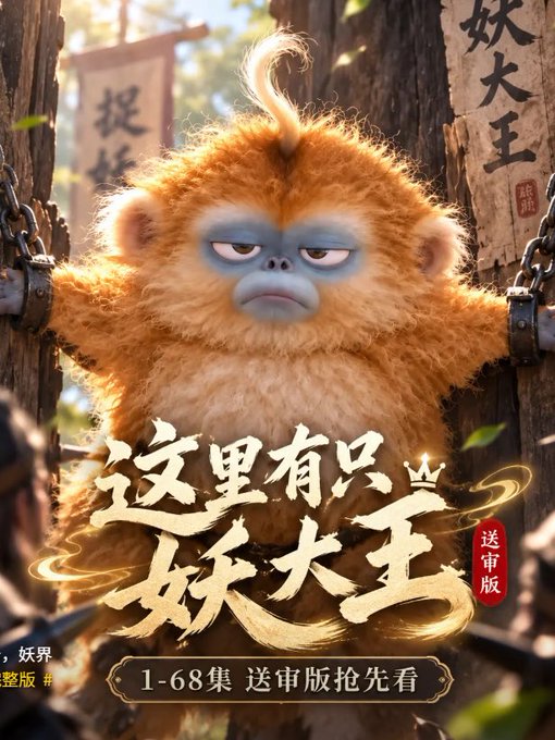A promotional poster for an animated show featuring an orange furry monkey character chained between wooden posts, with Chinese text reading '这里有只妖大王' and '1-68集 送审版抢先看'.