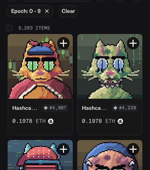 This image shows a marketplace filtered for "Epoch: 0-9" displaying pixelated cat NFTs called "Hashcats," with two visible listings (#4,907 and #4,228) priced at 0.1978 ETH each, alongside the joke about predicting prices with "crystal balls" humorously referencing the post's mention of a 0.2 ETH floor price for Epoch 9.