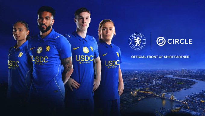 Promotional image showing Chelsea Football Club players in blue jerseys featuring 'USDC BY CIRCLE' as the official front of shirt partner, alongside the Circle logo and an aerial view of London.