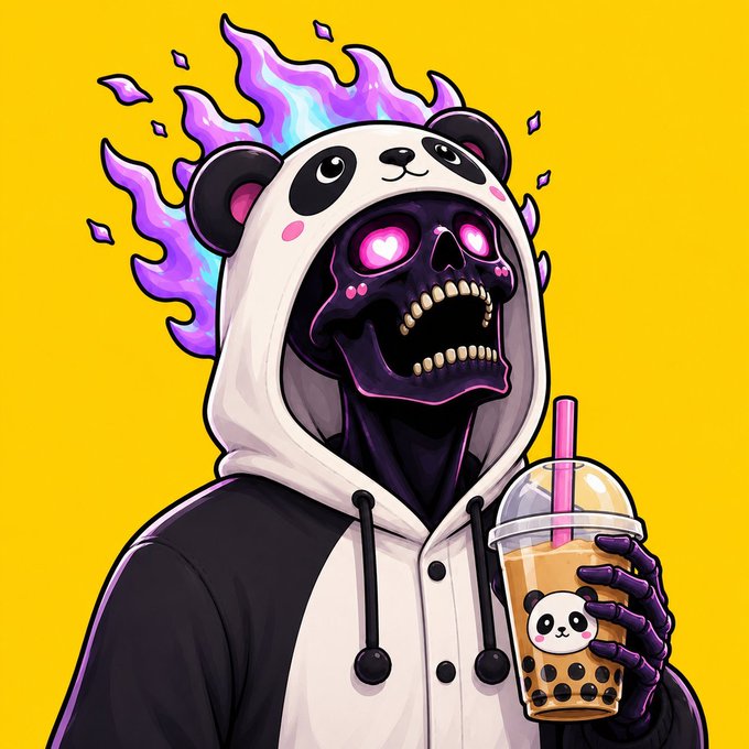 A digital illustration of a panda hoodie character with an anime-style skull face and glowing purple energy, holding a cup of boba tea with a panda design, against a yellow background.