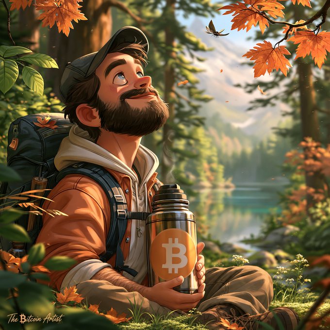 An illustrated scene of a bearded hiker in an autumn forest holding a thermos with a Bitcoin logo, labeled 'The Bitcoin Artist' in the corner.