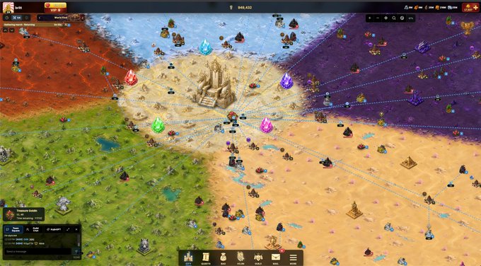 A screenshot of a strategy game showing a colorful map divided into multiple territories (red, green, yellow, desert, purple) with various cities, crystal formations, and resource nodes connected by dotted lines.