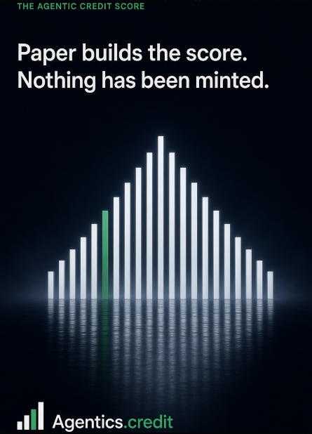 An 'Agentics.credit' advertisement states 'Paper builds the score. Nothing has been minted.' beneath an image of glowing vertical bars.
