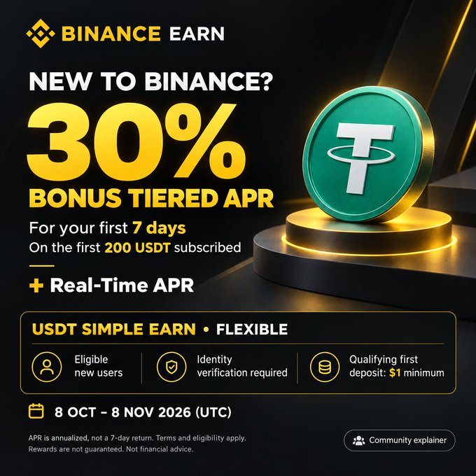 A Binance Earn promotional graphic advertising a 30% bonus tiered APR plus real-time APR for new users, offering USDT Simple Earn Flexible for the first 7 days on 200 USDT subscribed, with eligibility requirements including identity verification and a $1 minimum deposit, running 8 Oct - 8 Nov 2026 (UTC).