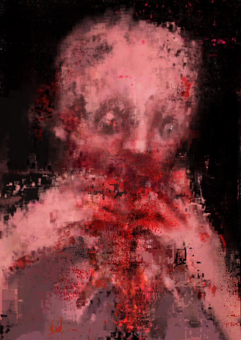 A dark, glitch-art style digital painting of a face with heavy red pixelated distortion and shadow effects.